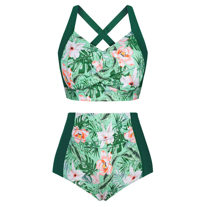 HN Women Contrast Color Swimsuit Knotted Bodice Padded Swim Tops+Ruched Briefs