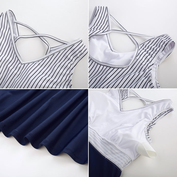 Women Separated Swimsuit Sleeveless V-Neck Swim Dress+Briefs Swimwear