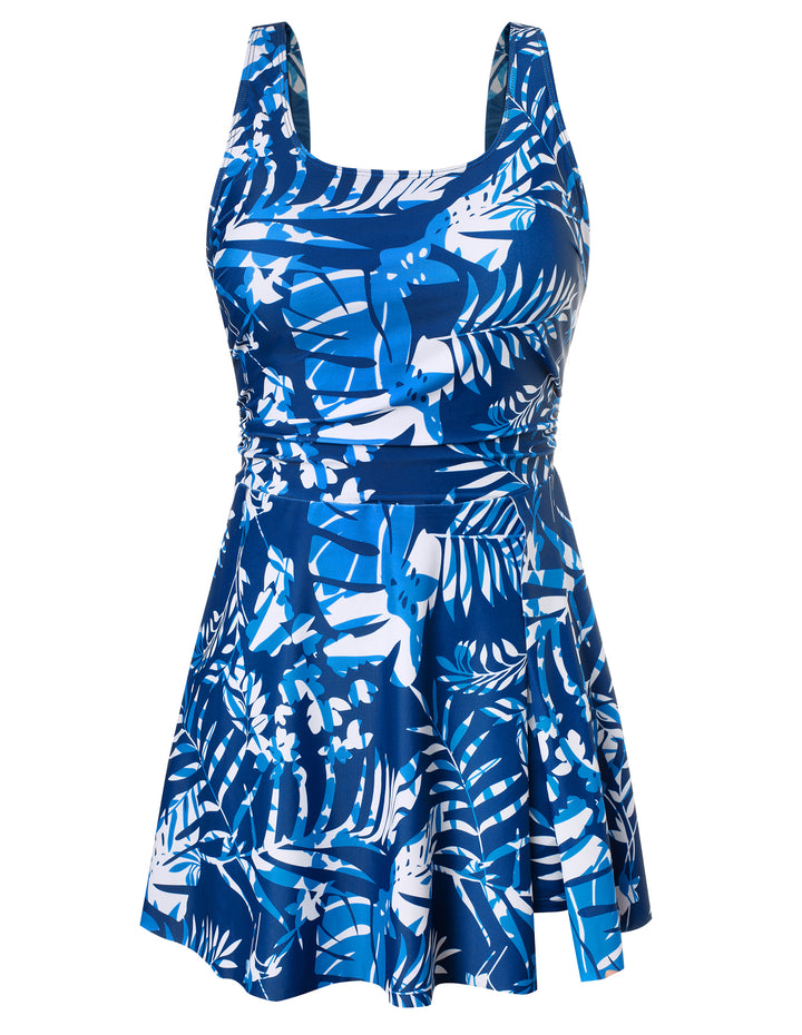 KK Women 2pcs Set Swimsuit Front Slit Padded Swim Dress+High Waist Briefs