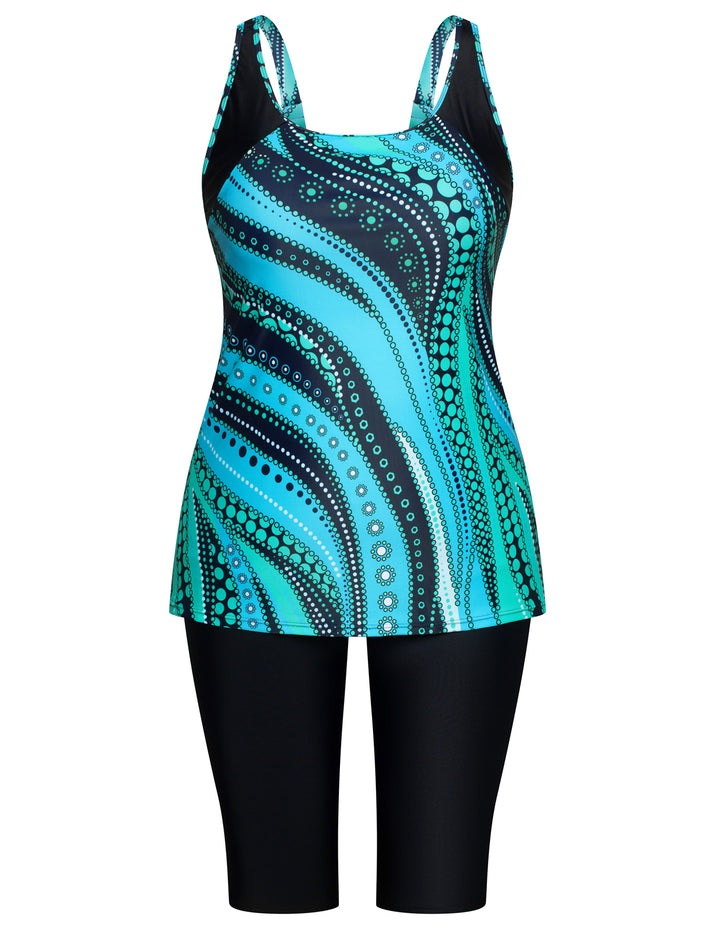 HN Women Plus Size Contrast Color Swimsuit U-Neck Padded Tops+Knee Length Shorts