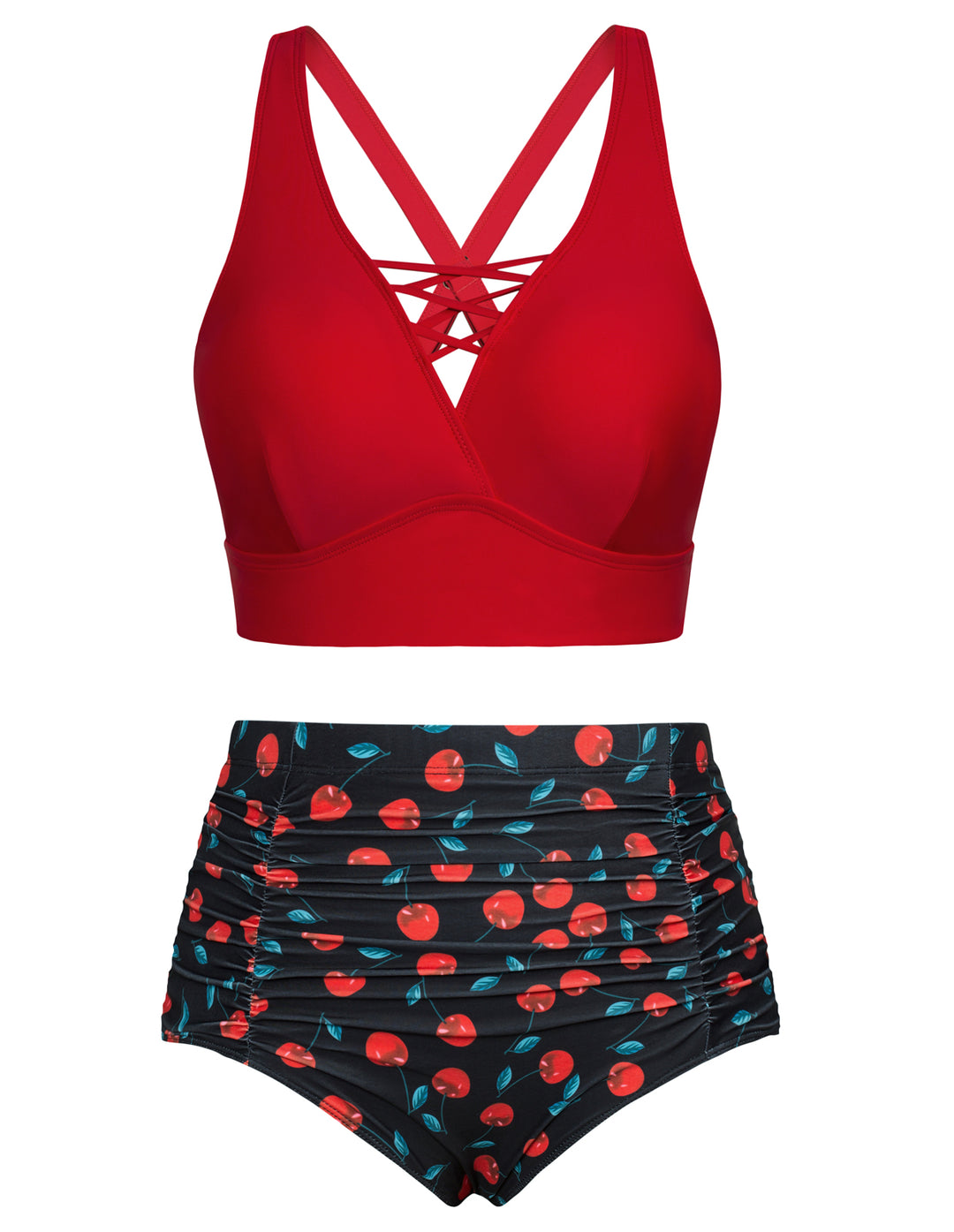 HN Women Plus Size 2pcs Set Swimsuit Cross Back Padded Tops+Ruched Briefs