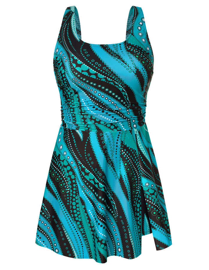 KK Women 2pcs Set Swimsuit Front Slit Padded Swim Dress+High Waist Briefs