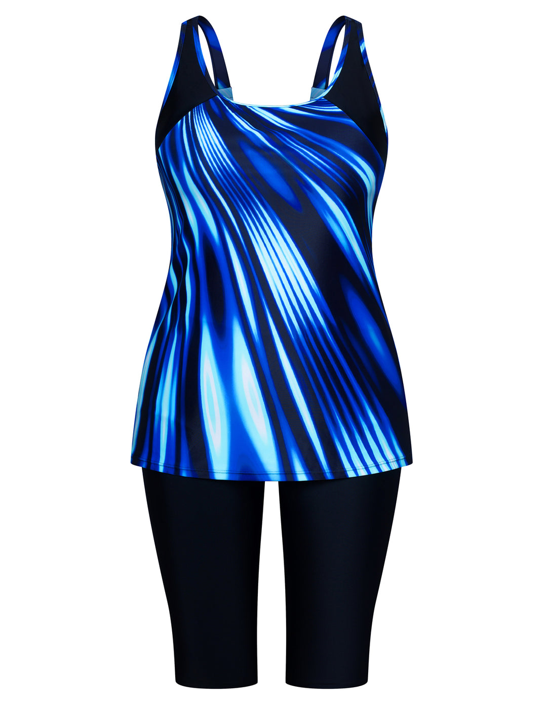 HN Women Plus Size Contrast Color Swimsuit U-Neck Padded Tops+Knee Length Shorts