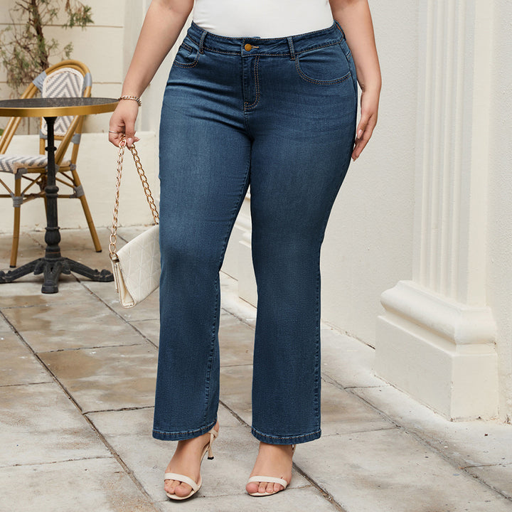 HN Women Plus Size Flared Bottoms High Waist Multi-Pocket Jean Pants Jeans