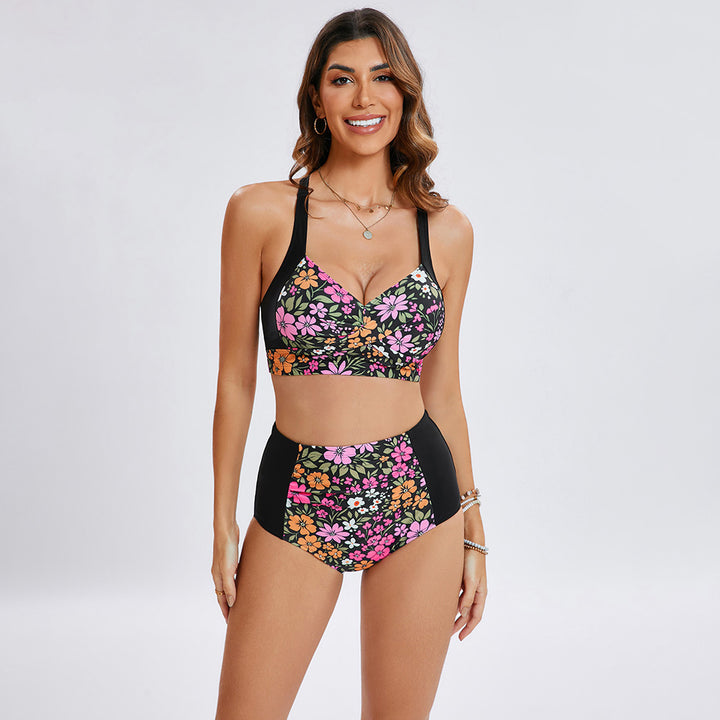 HN Women Contrast Color Swimsuit Knotted Bodice Padded Swim Tops+Ruched Briefs