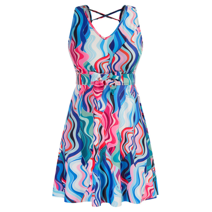 KK Women Separated Swimsuit Sleeveless V-Neck Swim Dress+Briefs Swimwear