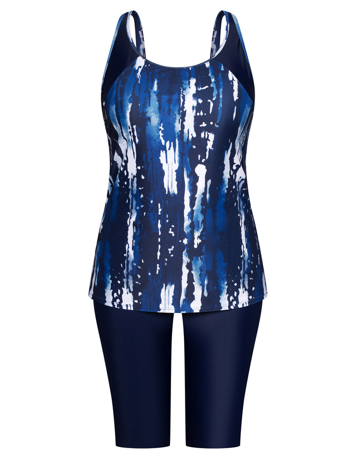 HN Women Plus Size Contrast Color Swimsuit U-Neck Padded Tops+Knee Length Shorts