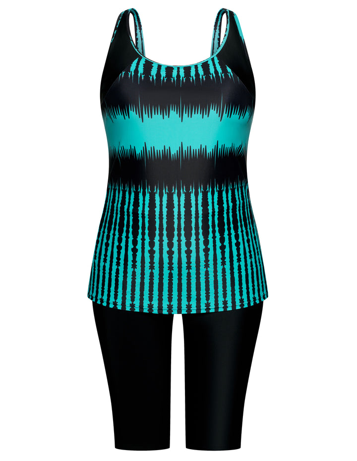 HN Women Plus Size Contrast Color Swimsuit U-Neck Padded Tops+Knee Length Shorts
