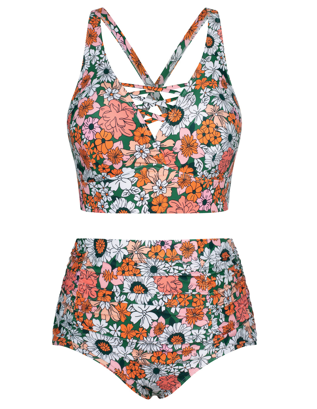 HN Women Plus Size 2pcs Set Swimsuit Cross Back Padded Tops+Ruched Briefs