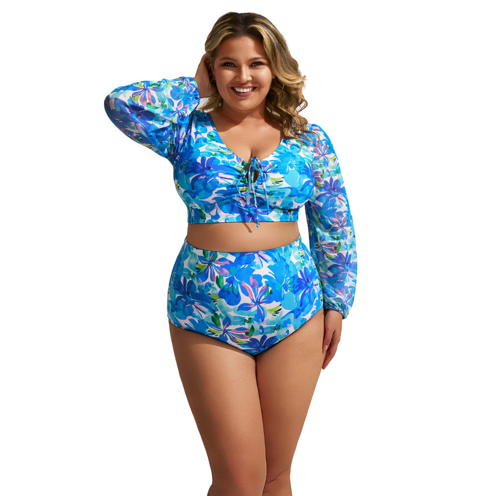 HN Women Plus Size 2pcs Set Swimsuit Long Sleeve V-Neck Padded Tops+Briefs