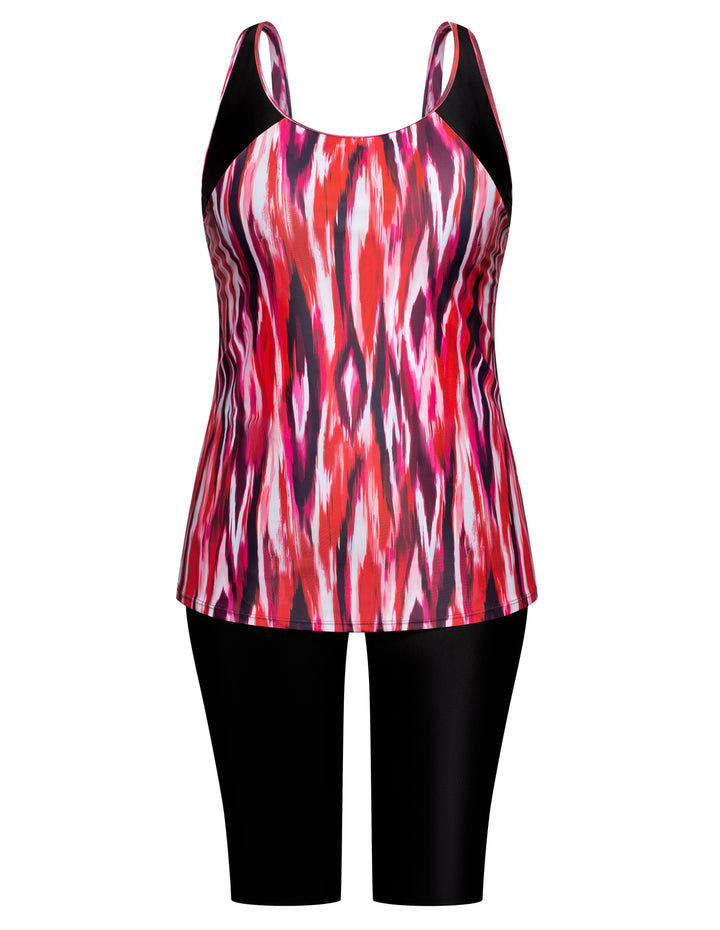 Hanna Nikole Women Plus Size Contrast Color Swimsuit U-Neck Padded Tops+Knee Length Shorts