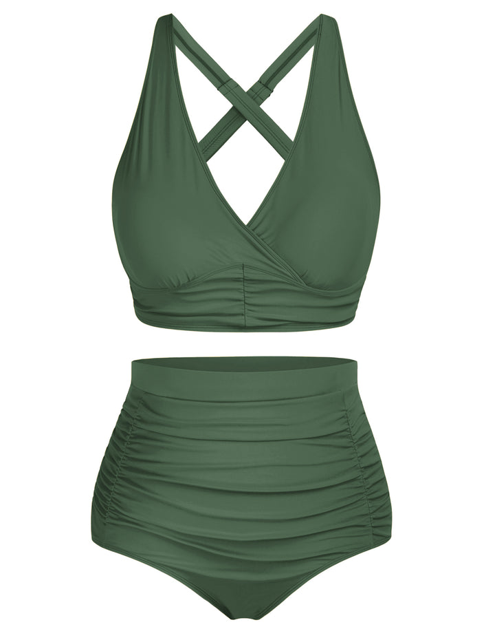 Hanna Nikole Women's Plus Size Halter V Neck Bikini Swimsuits High Waisted Ruched Tummy Control Swimwear