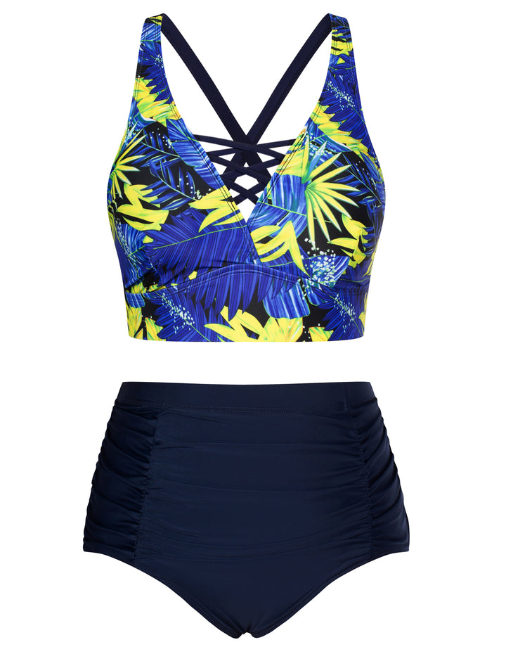HN Women Plus Size 2pcs Set Swimsuit Cross Back Padded Tops+Ruched Briefs