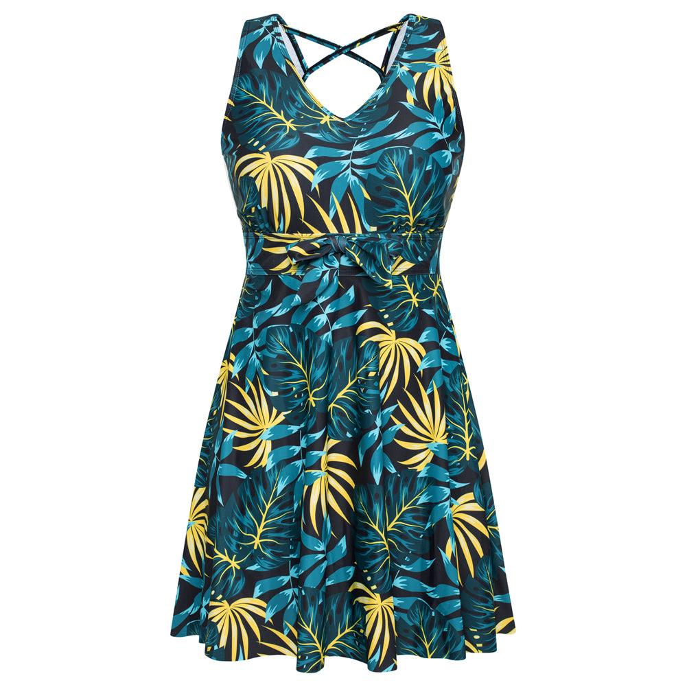 KK Women Separated Swimsuit Sleeveless V-Neck Swim Dress+Briefs Swimwear