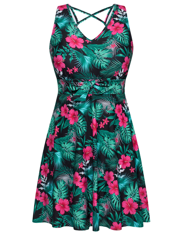 Women Separated Swimsuit Sleeveless V-Neck Swim Dress+Briefs Swimwear