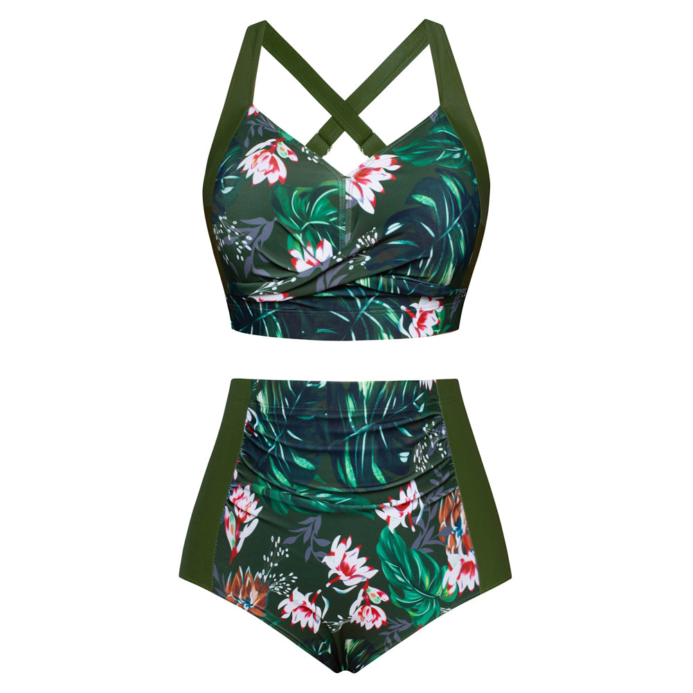 HN Women Contrast Color Swimsuit Knotted Bodice Padded Swim Tops+Ruched Briefs