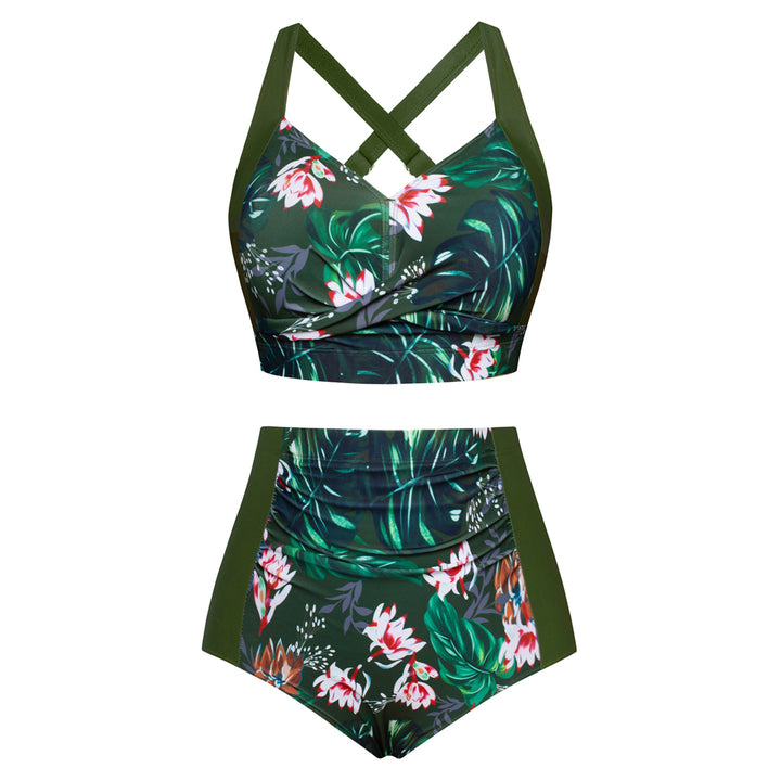 HN Women Contrast Color Swimsuit Knotted Bodice Padded Swim Tops+Ruched Briefs