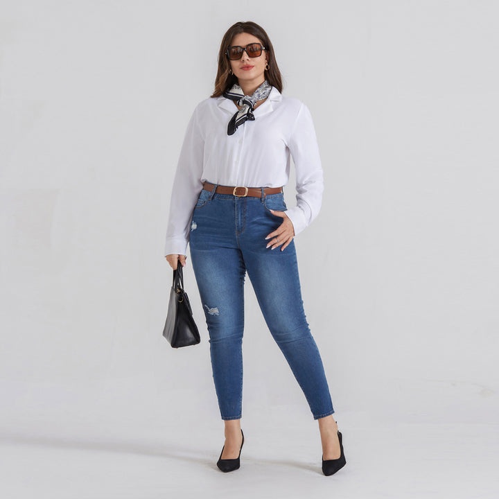 HN Women Plus Size Scratched Jeans High Waist Multi-Pocket Skinny Jean Pants