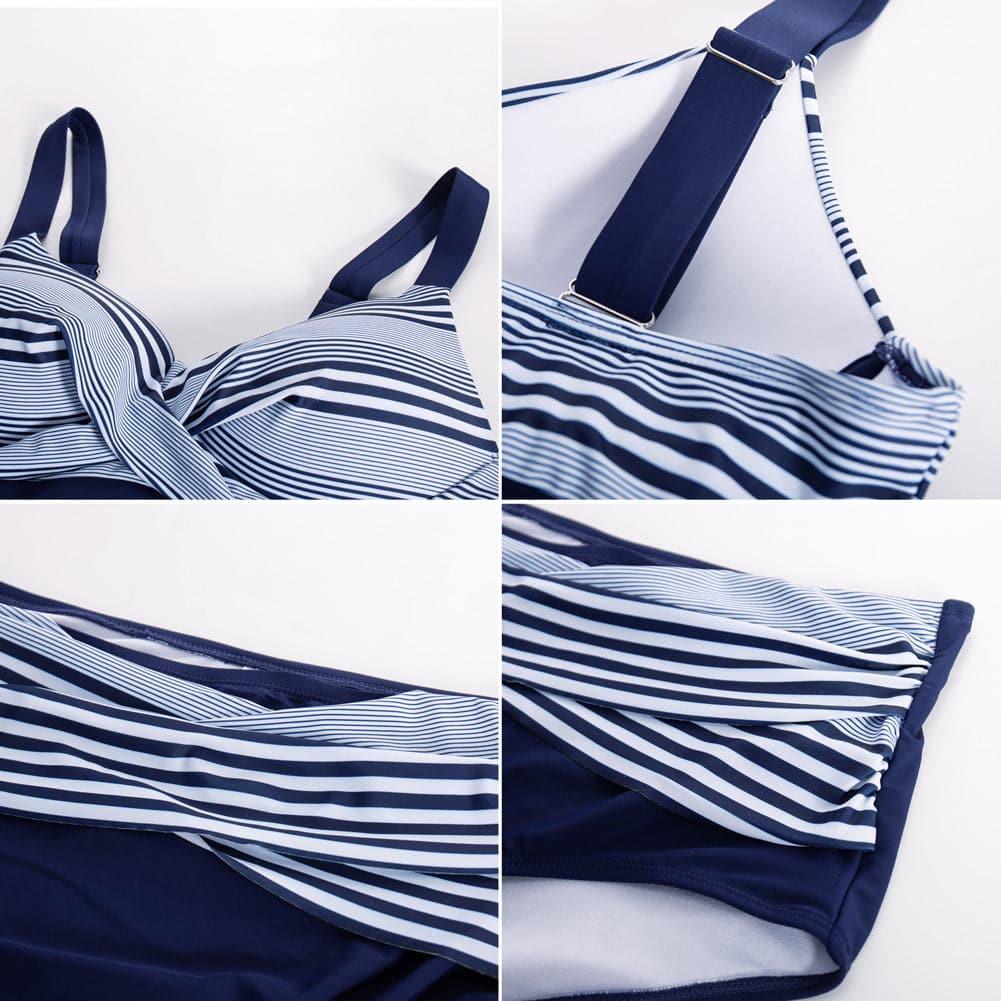 HN Navy Stripe Plus Size 2pcs Set Swimsuit Cross Over Padded Tops+High Waist Briefs - Hanna Nikole#color_navy-stripes
