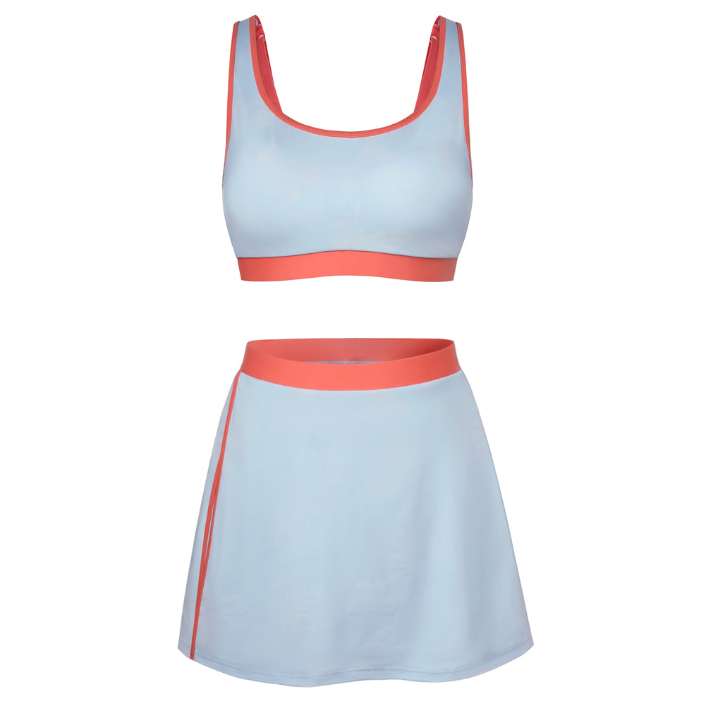 HN Women 2pcs Set Swimsuit U-Neck Padded Swim Tops+Elastic Waist Skirt Swimwear