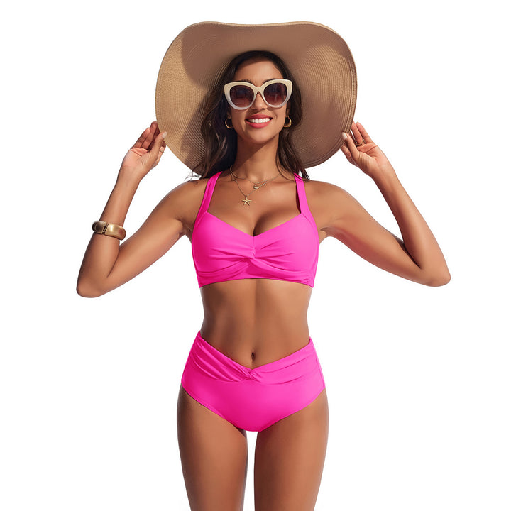 HN Women Knotted Design Swimsuit Cross-Back Padded Swim Tops+Briefs Swimwear