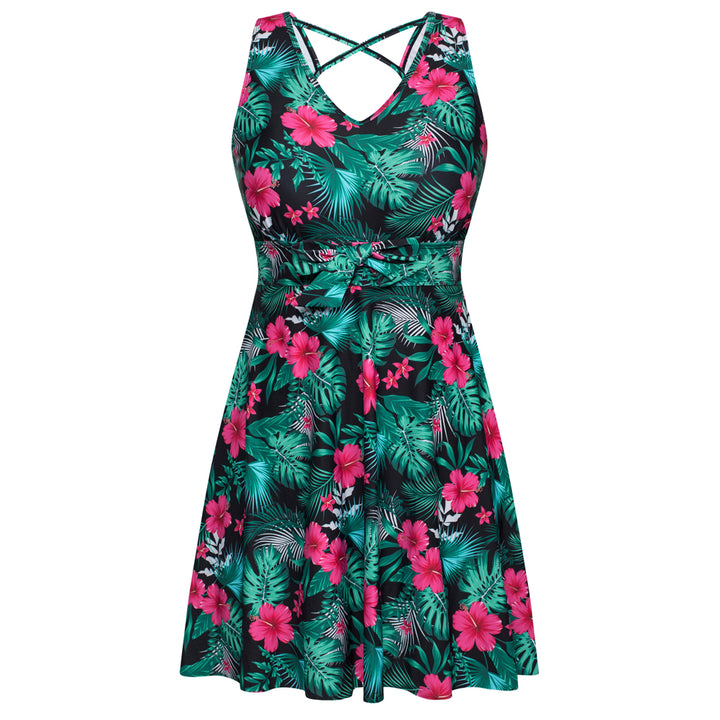Women Separated Swimsuit Sleeveless V-Neck Swim Dress+Briefs Swimwear