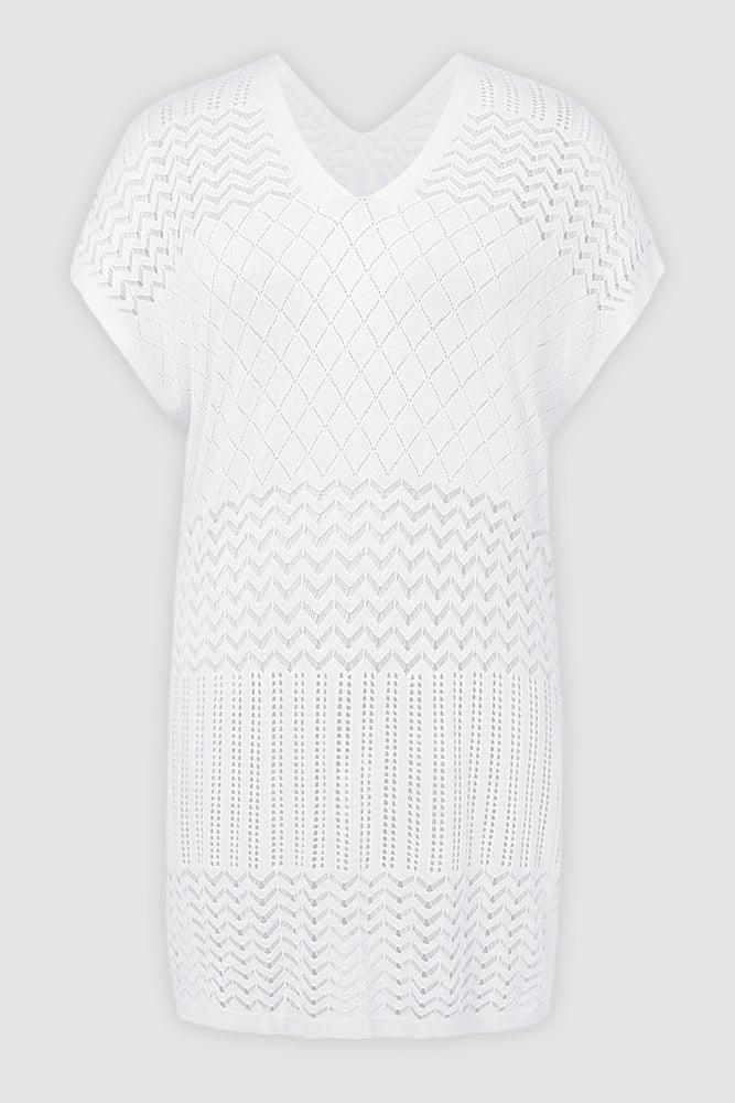 HN Women Plus Size Hollowed-out Cover-up Short Sleeve V-Neck Side Slit Knitwear - Hanna Nikole#color_white