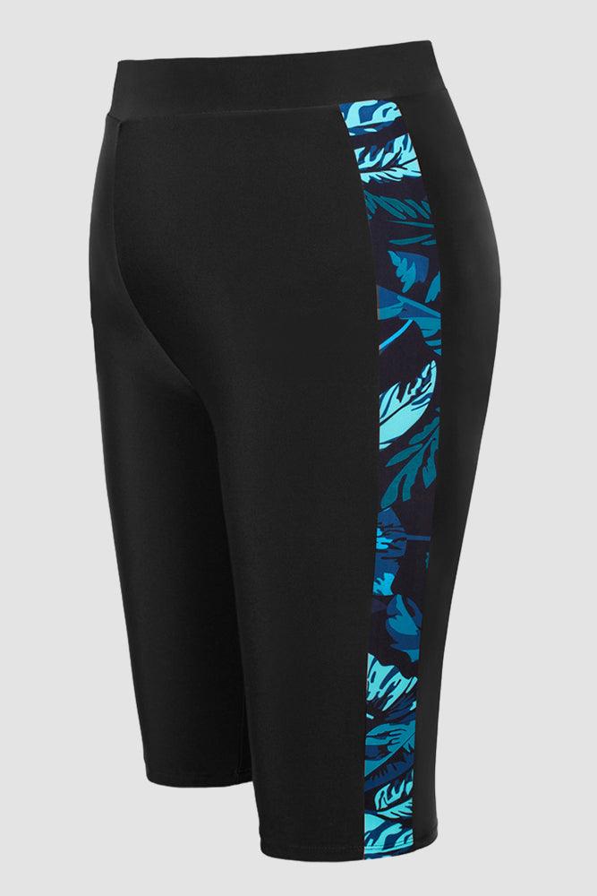 HN Women Plus Size Contrast Color Swimsuit U-Neck Padded Tops+Knee Length Shorts - Hanna Nikole#color_blue-green-leaves