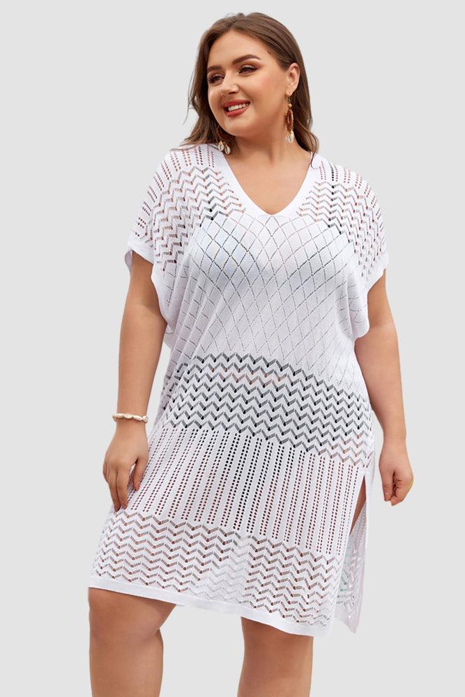 HN Women Plus Size Hollowed-out Cover-up Short Sleeve V-Neck Side Slit Knitwear - Hanna Nikole#color_white