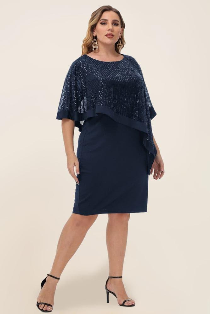 Navy Blue Sequined Capelet Decorated Scoop Neck Bodycon Dress - Hanna Nikole