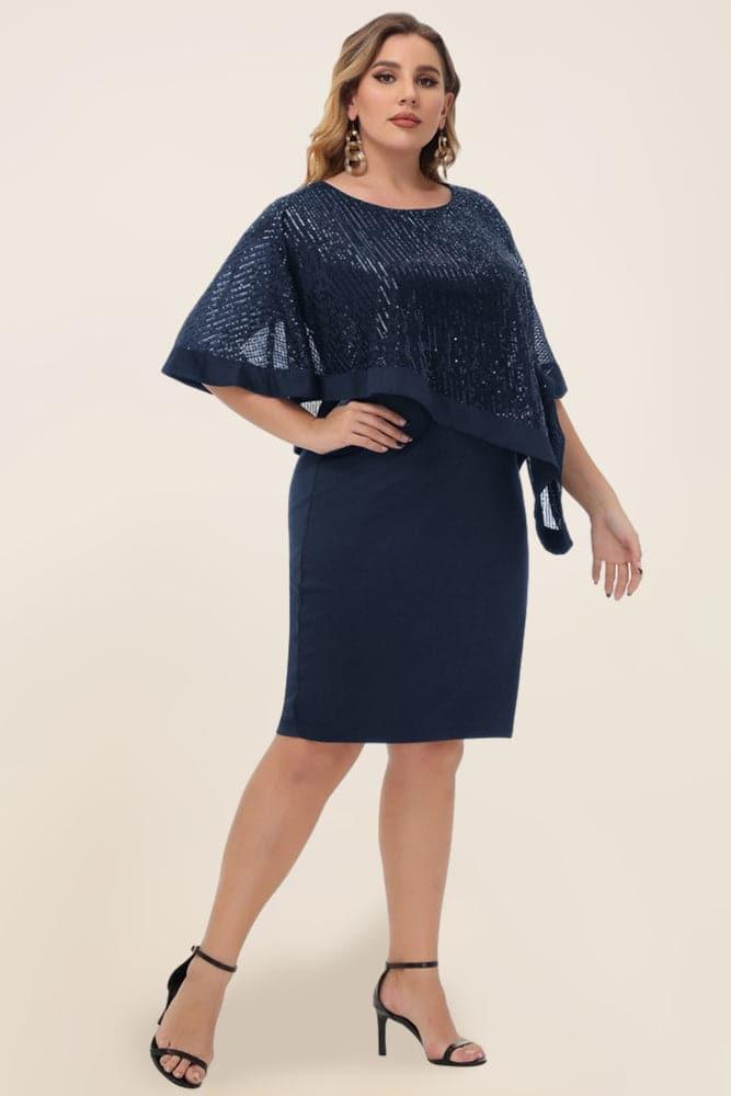 Navy Blue Sequined Capelet Decorated Scoop Neck Bodycon Dress - Hanna Nikole