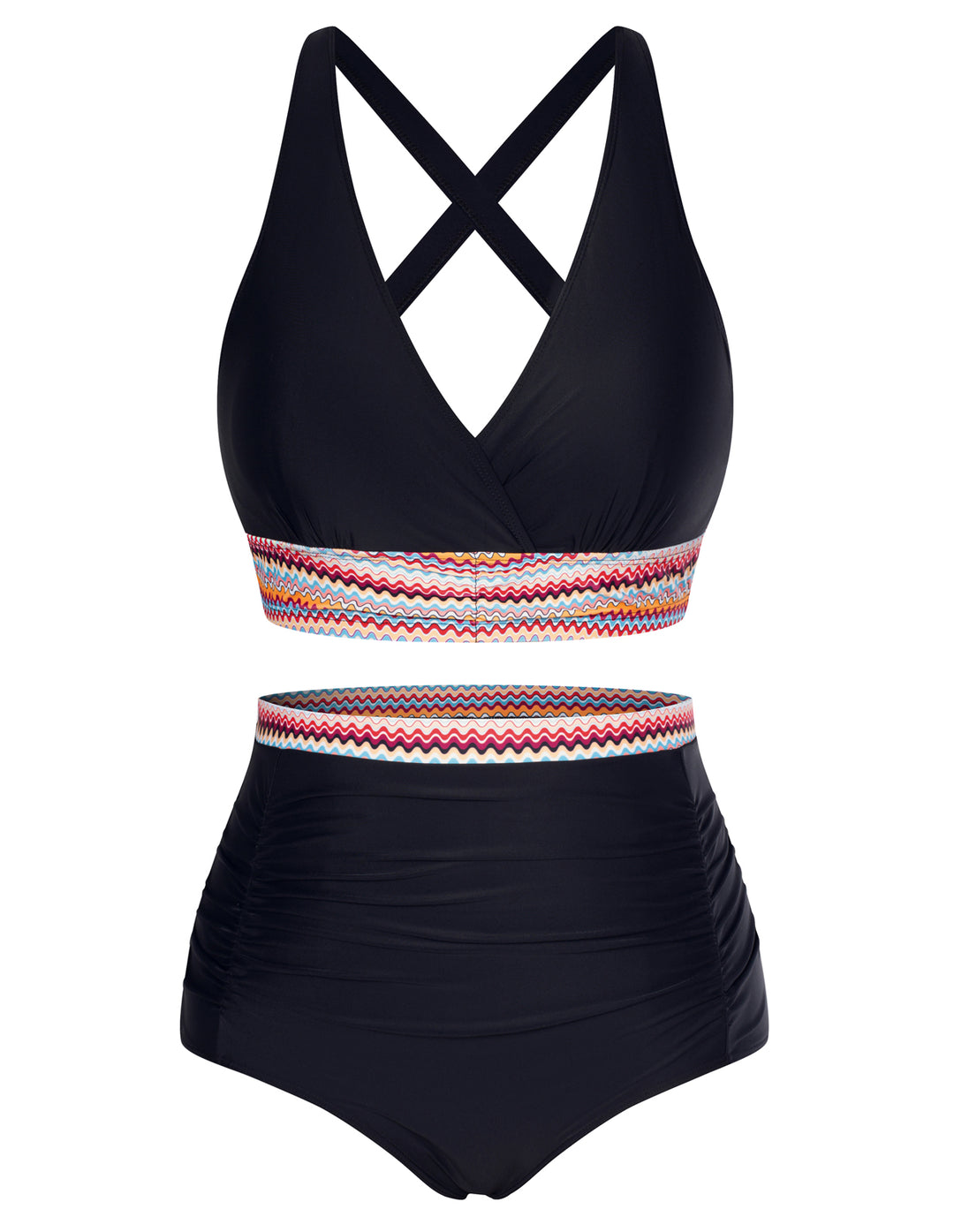 Hanna Nikole Women's Plus Size Halter V Neck Bikini Swimsuits High Waisted Ruched Tummy Control Swimwear