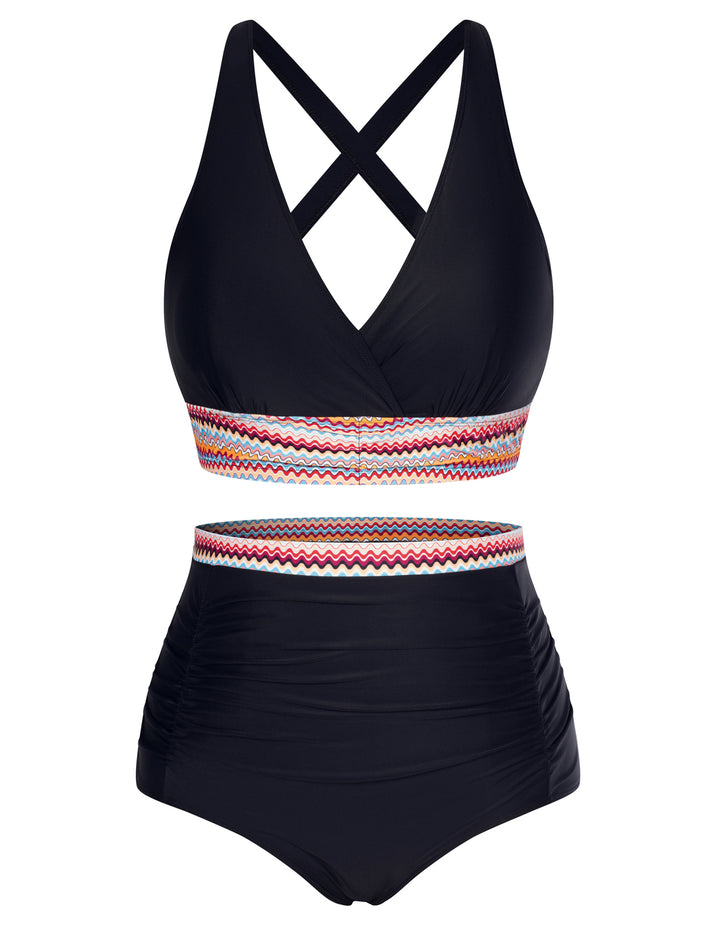 Hanna Nikole Women's Plus Size Halter V Neck Bikini Swimsuits High Waisted Ruched Tummy Control Swimwear
