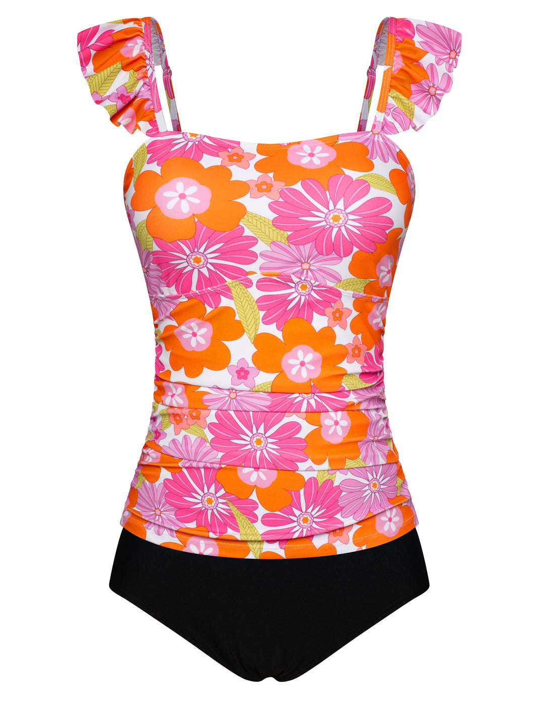 【S-XL】Two Piece Tankini Swimsuits for Women High Waisted Tummy Control Floral Swimwear Ruched Padded Bathing Suits