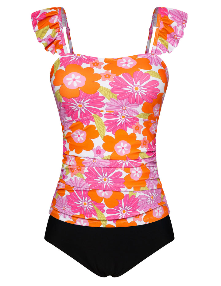 【S-XL】Two Piece Tankini Swimsuits for Women High Waisted Tummy Control Floral Swimwear Ruched Padded Bathing Suits