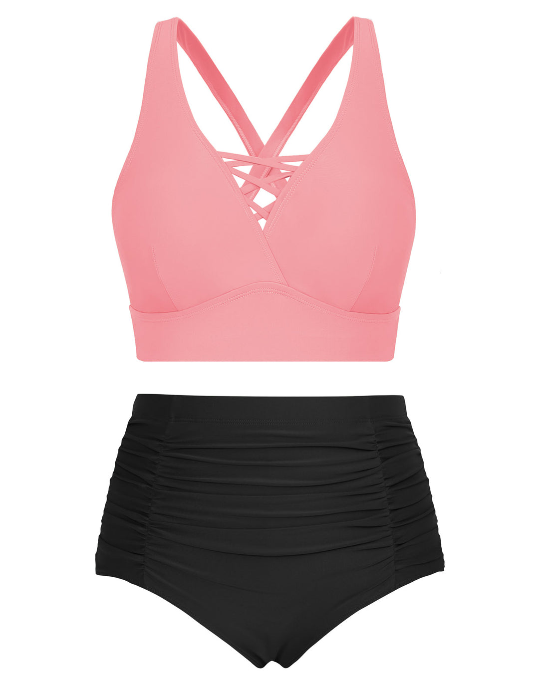 HN Women Plus Size 2pcs Set Swimsuit Cross Back Padded Tops+Ruched Briefs