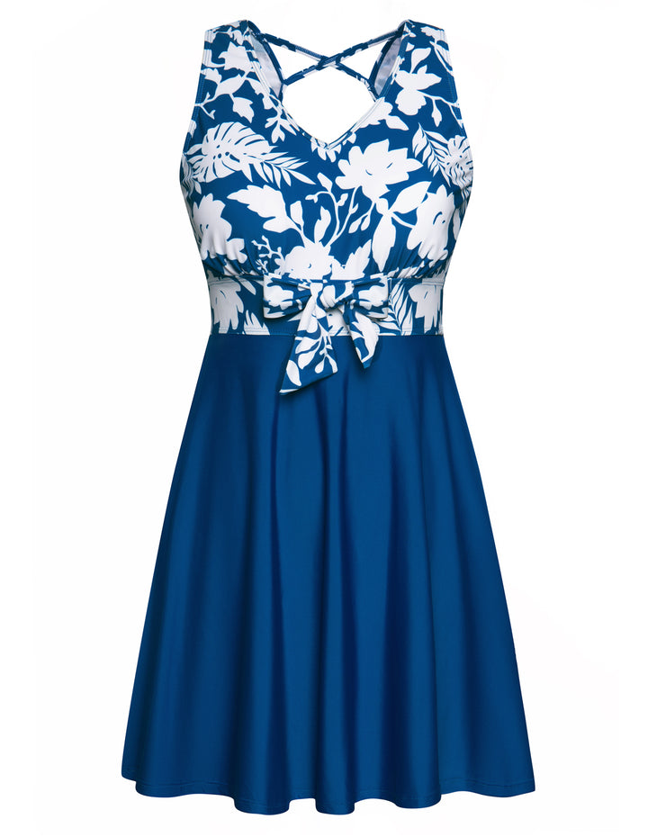 Women Separated Swimsuit Sleeveless V-Neck Swim Dress+Briefs Swimwear
