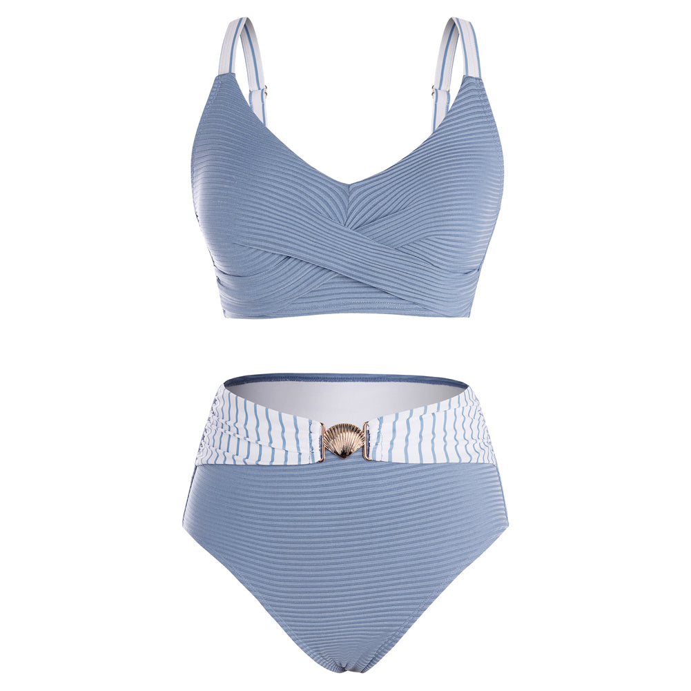 Hanna Nikole Womens High Waisted Bikini Sets, Textured Tummy Control Swimsuit, 2 Piece Twist Color Block Bathing Suits