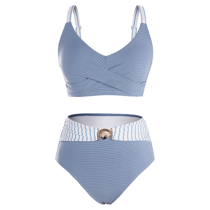 Hanna Nikole Womens High Waisted Bikini Sets, Textured Tummy Control Swimsuit, 2 Piece Twist Color Block Bathing Suits