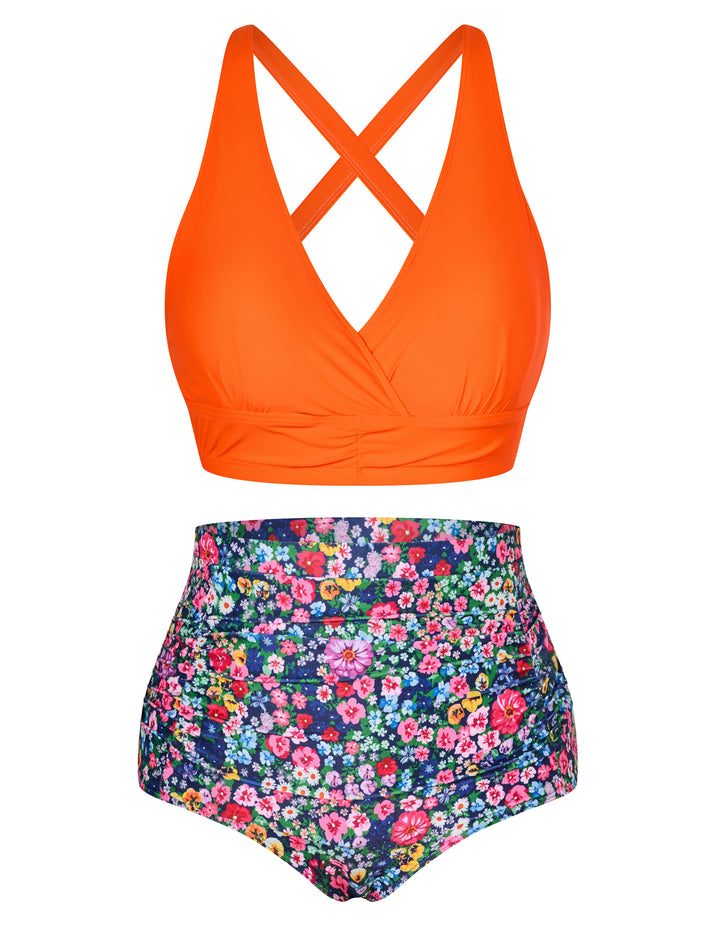 Hanna Nikole Women's Plus Size Halter V Neck Bikini Swimsuits High Waisted Ruched Tummy Control Swimwear