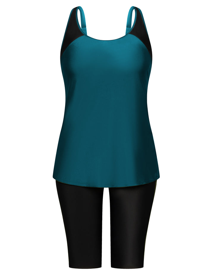 Hanna Nikole Women Plus Size Contrast Color Swimsuit U-Neck Padded Tops+Knee Length Shorts