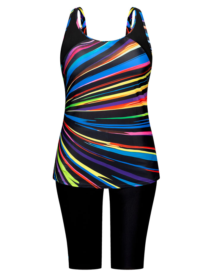 Hanna Nikole Women Plus Size Contrast Color Swimsuit U-Neck Padded Tops+Knee Length Shorts