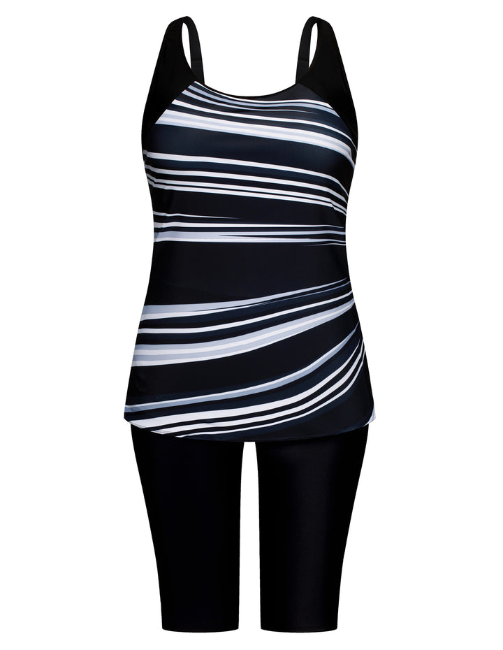 Hanna Nikole Women Plus Size Contrast Color Swimsuit U-Neck Padded Tops+Knee Length Shorts