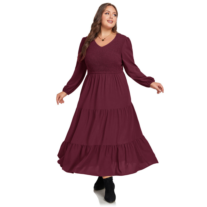 HN Women Plus Size Elastic Waist Dress Long Sleeve V-Neck Tiered A-Line Dress