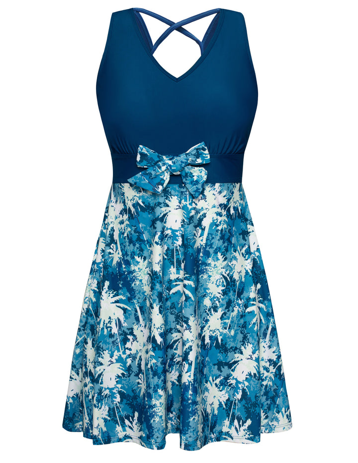 Women Separated Swimsuit Sleeveless V-Neck Swim Dress+Briefs Swimwear