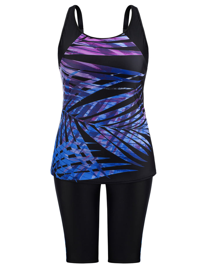 Hanna Nikole Women Plus Size Contrast Color Swimsuit U-Neck Padded Tops+Knee Length Shorts