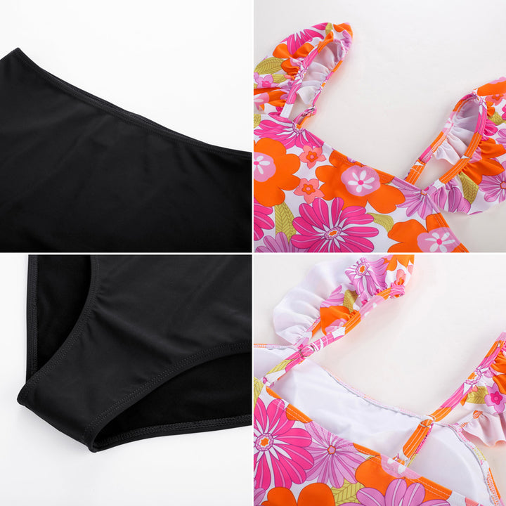 KK Women 2pcs Set Swimsuit Ruched Padded Swim Tops+Briefs Swimwear