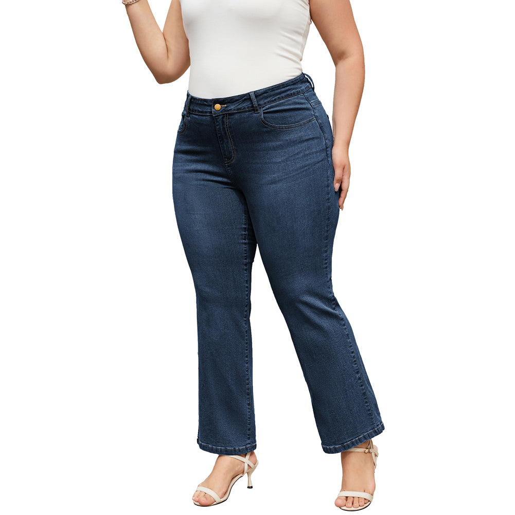 HN Women Plus Size Flared Bottoms High Waist Multi-Pocket Jean Pants Jeans