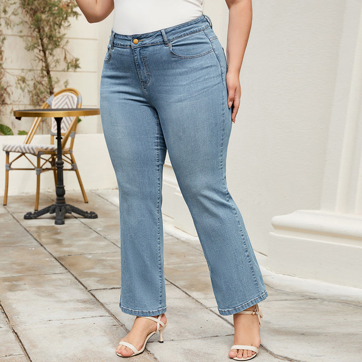 HN Women Plus Size Flared Bottoms High Waist Multi-Pocket Jean Pants Jeans