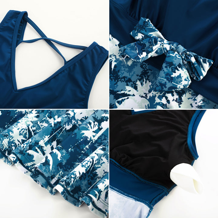 Women Separated Swimsuit Sleeveless V-Neck Swim Dress+Briefs Swimwear